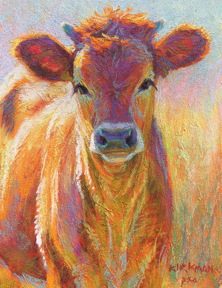 Chalk pastel orange cow at sunset by Rita Kirkman
