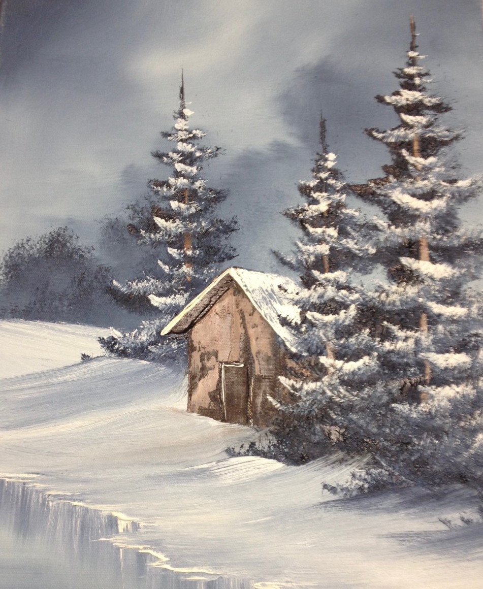 Bob Ross snowy winter cabin painting