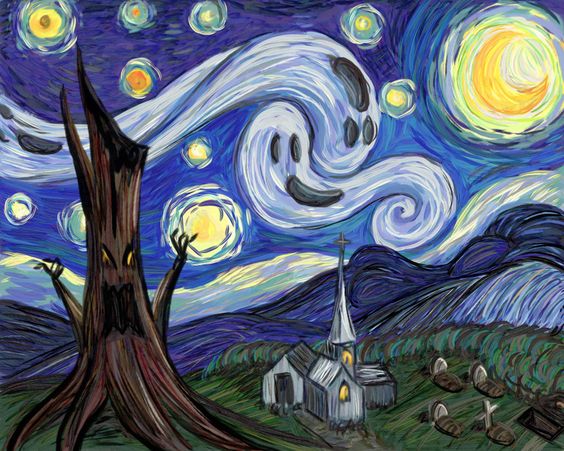 Acrylic painting of spooky starry night