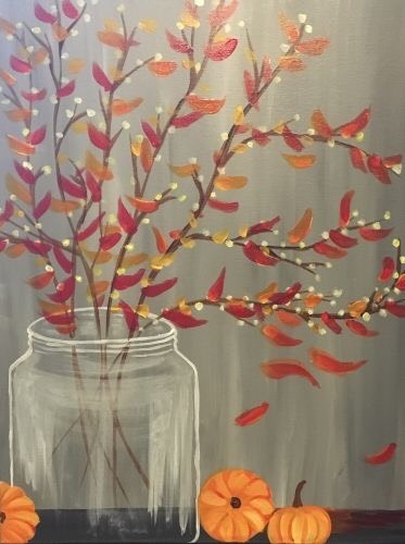 acrylic painting of a glass vase holding red leaves surrounded by small pumpkins