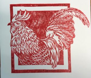 Alexha Bonner's block printed rooster in red ink
